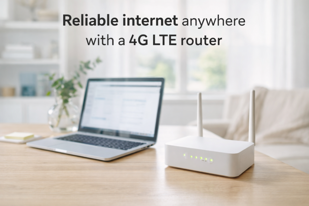 modern home desk setup using a 4G LTE router for internet