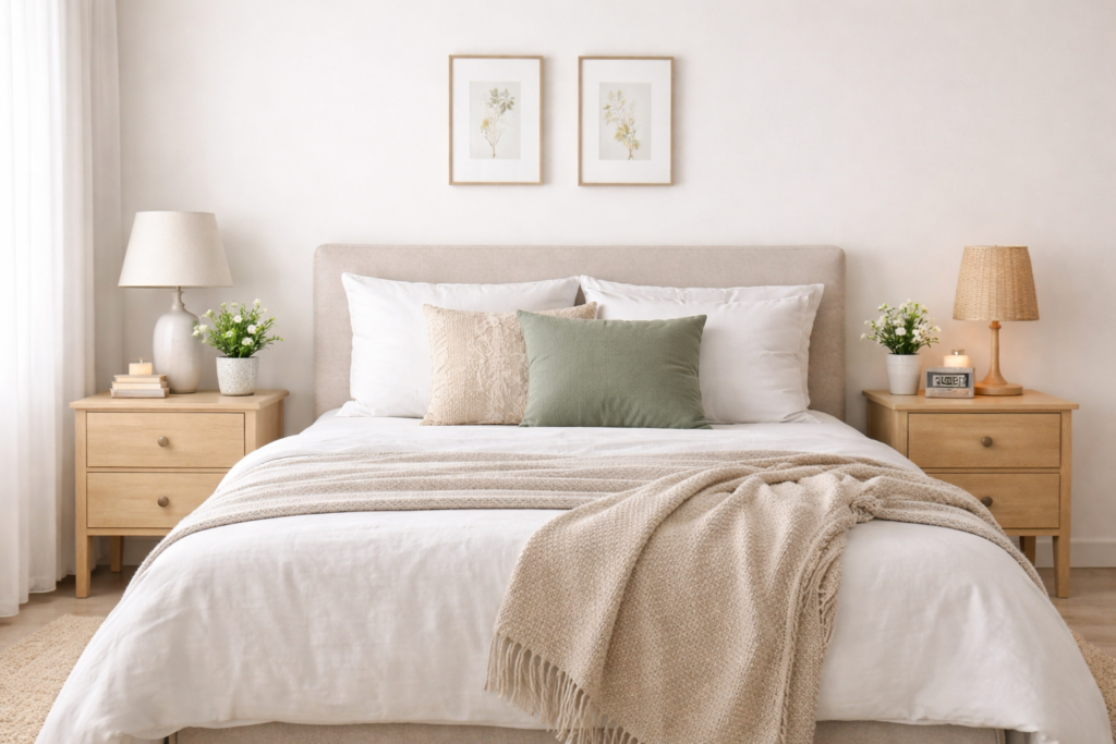 calm minimalist bedroom with tidy nightstands