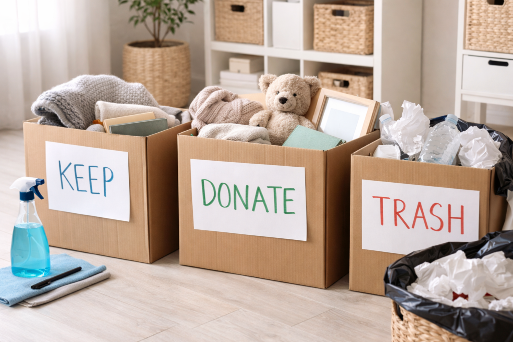 home organization tips using keep donate trash boxes