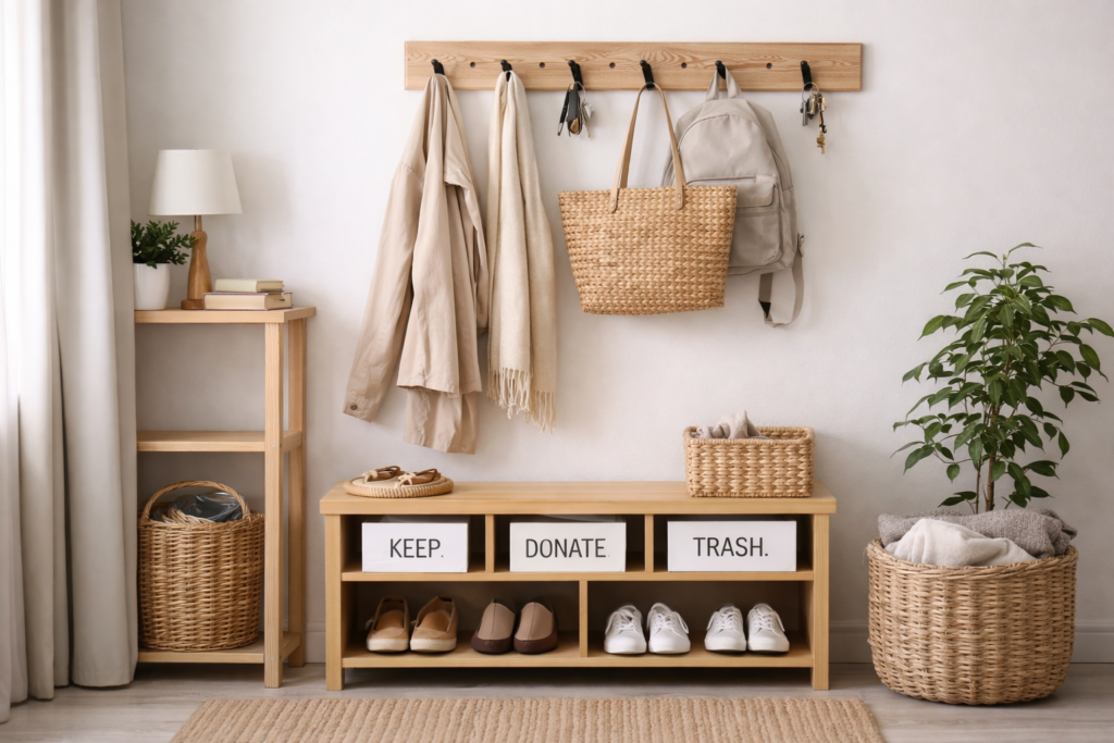 home organization tips for entryway with hooks and baskets