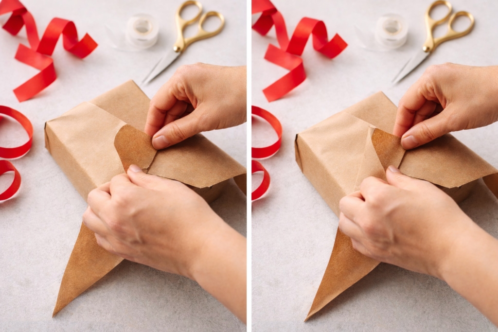 Wrapping a gift step by step with neat folds.